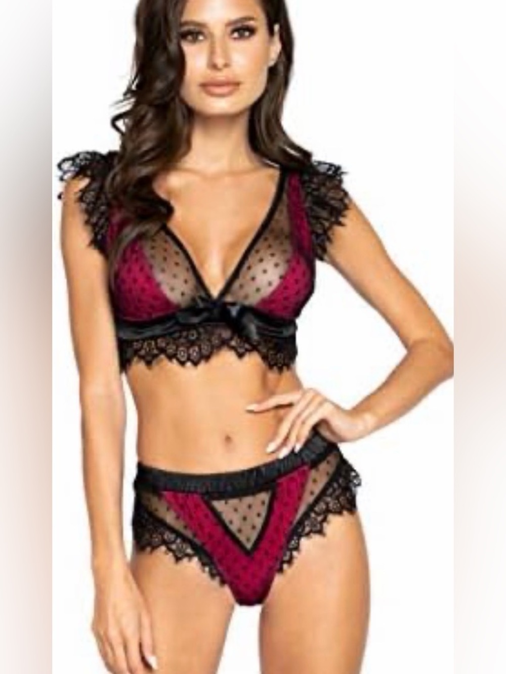 Roma Burgundy & Black Lace Bralette and Thong Set